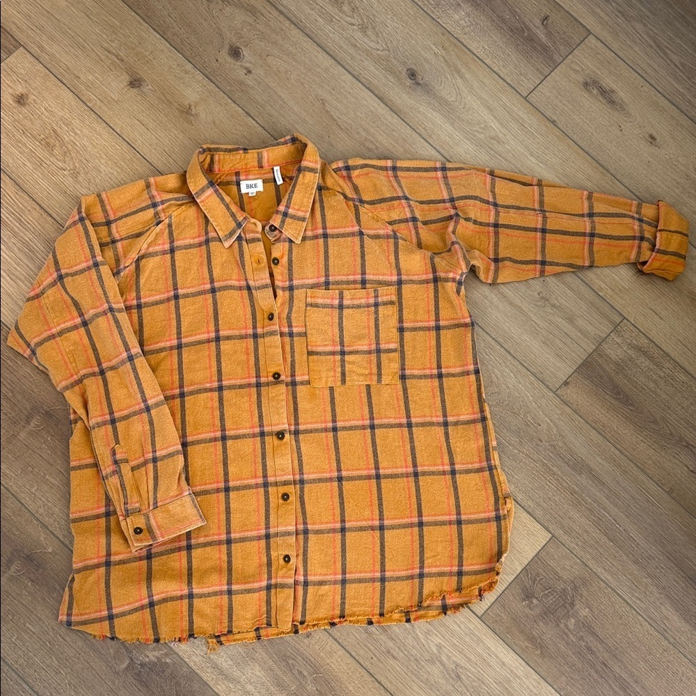 BKE Women’s Mustard and Navy Plaid Button Down Flannel - Picture 2 of 4
